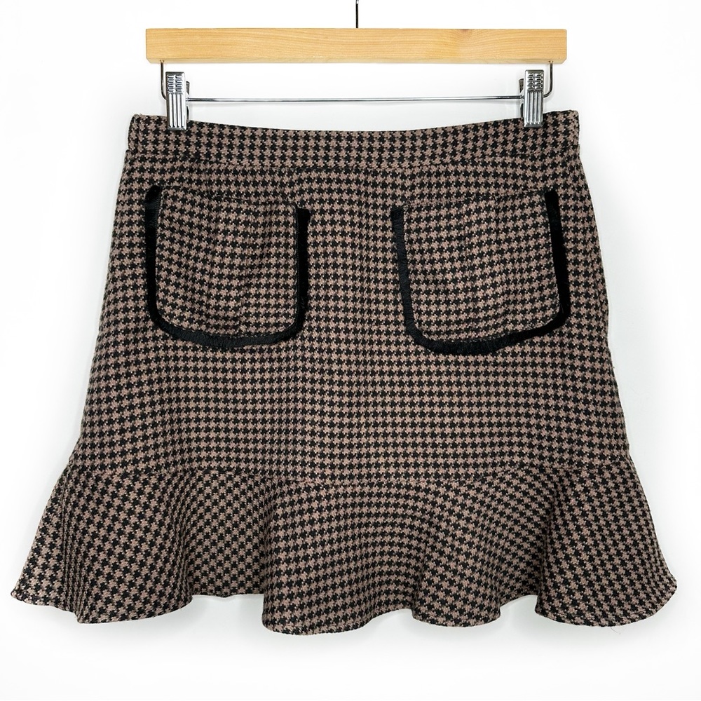 NKN Nekane Brown and Black Houndstooth Pocketed Ruffle Tweed Mini Skirt Sz L